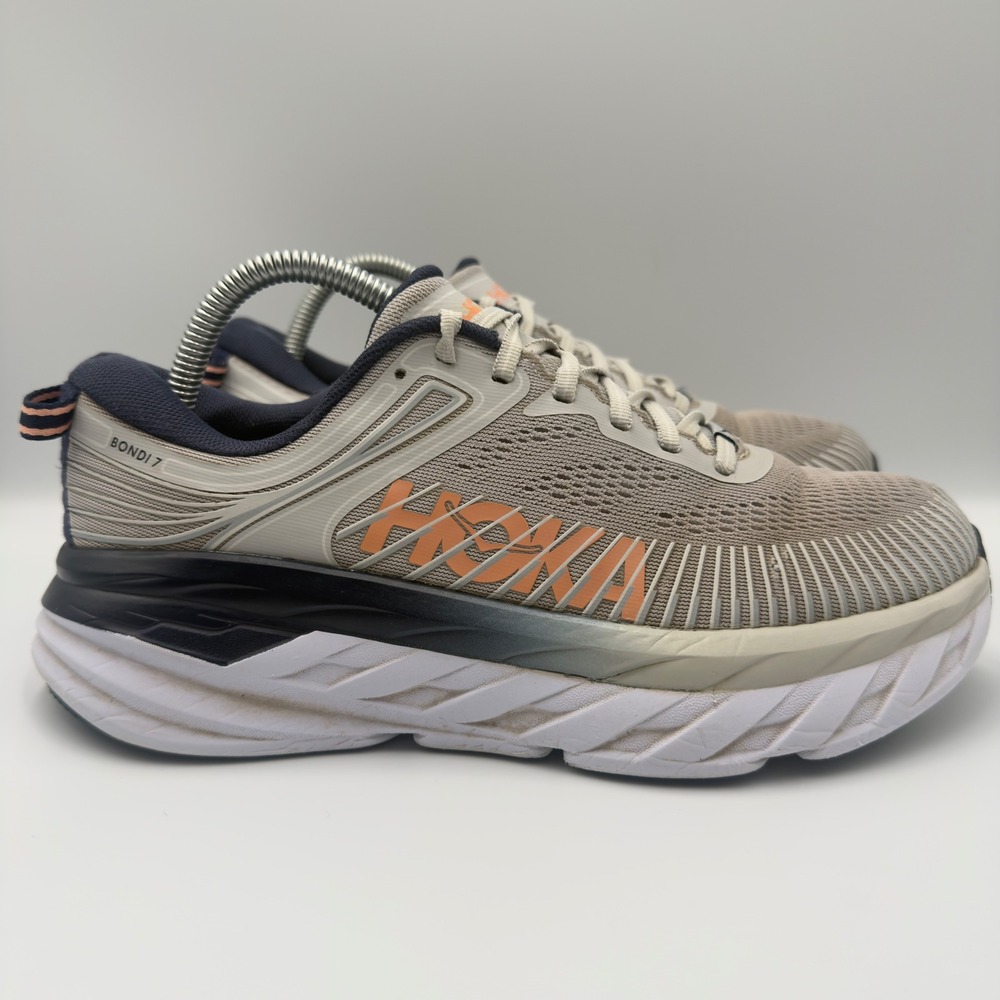 Hoka One One Bondi 7 Womens Size 8.5 D Wide Running Shoes Tan Grey Orange Navy